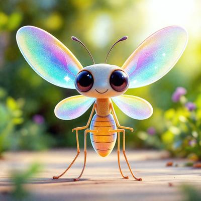 The primary subject of the image is a colorful, cartoon-like butterfly or dragonfly, which is standing on a wooden surface. The setting includes a flower-filled background, adding a touch of nature to the scene. The visual style is a combination of digital art and illustration, creating a whimsical and playful atmosphere. The colors are predominantly bright and vibrant, with the butterfly or dragonfly being the main focus of the image.